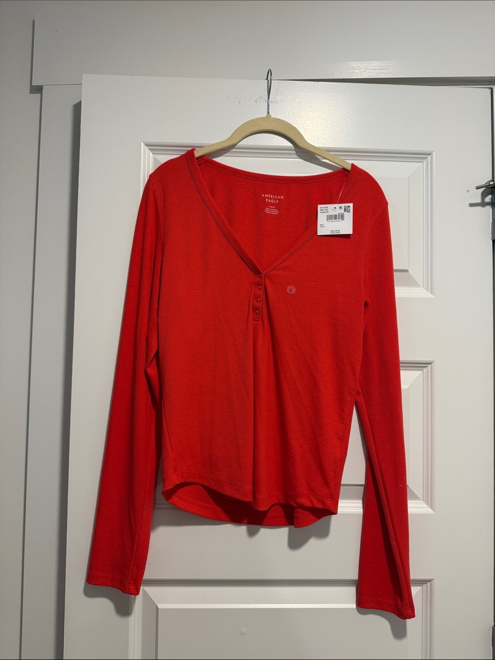 American Eagle Outfitters Bright Red Long-Sleeve Henley Top